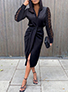 WMNS Wrap Style Lace Accent Long Sleeve Mid-Length Dress